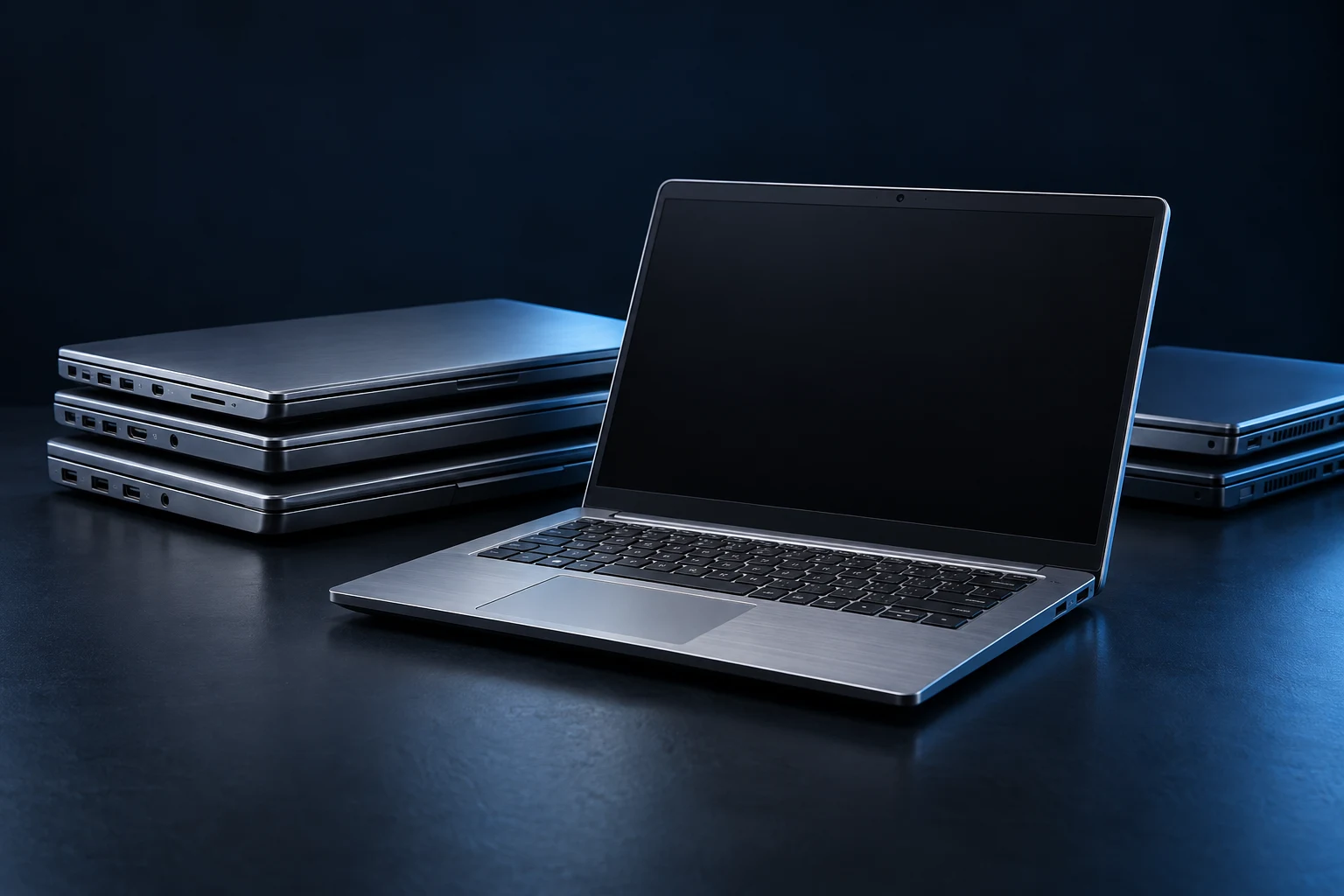 Business laptops arranged for reuse and resale